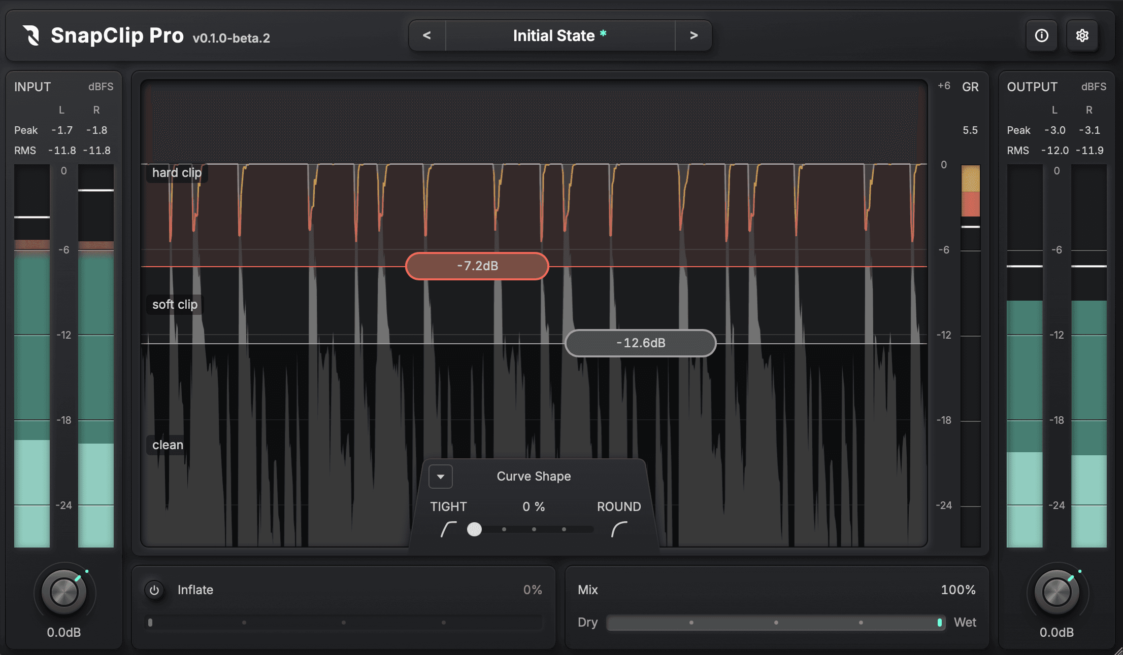 SnapClip Pro beta interface: waveform, Ceiling, Clean Below, Curve Shape, Inflate, and Mix